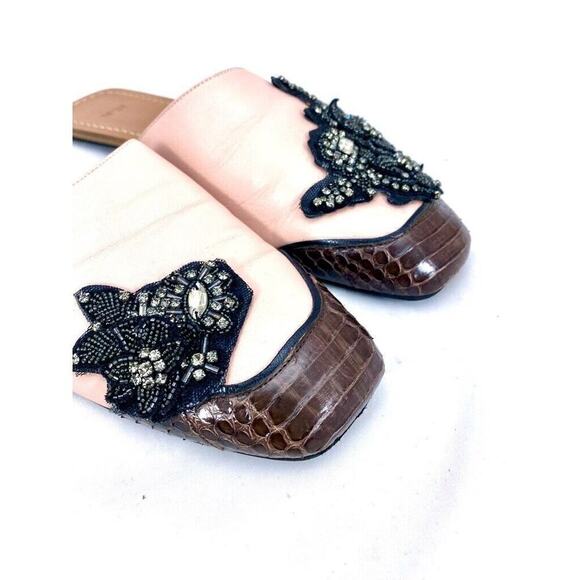 No21 black 8 38 Blush Leather Snake Floral Embellish slip on mule flat shoe $695 - Picture 2 of 9